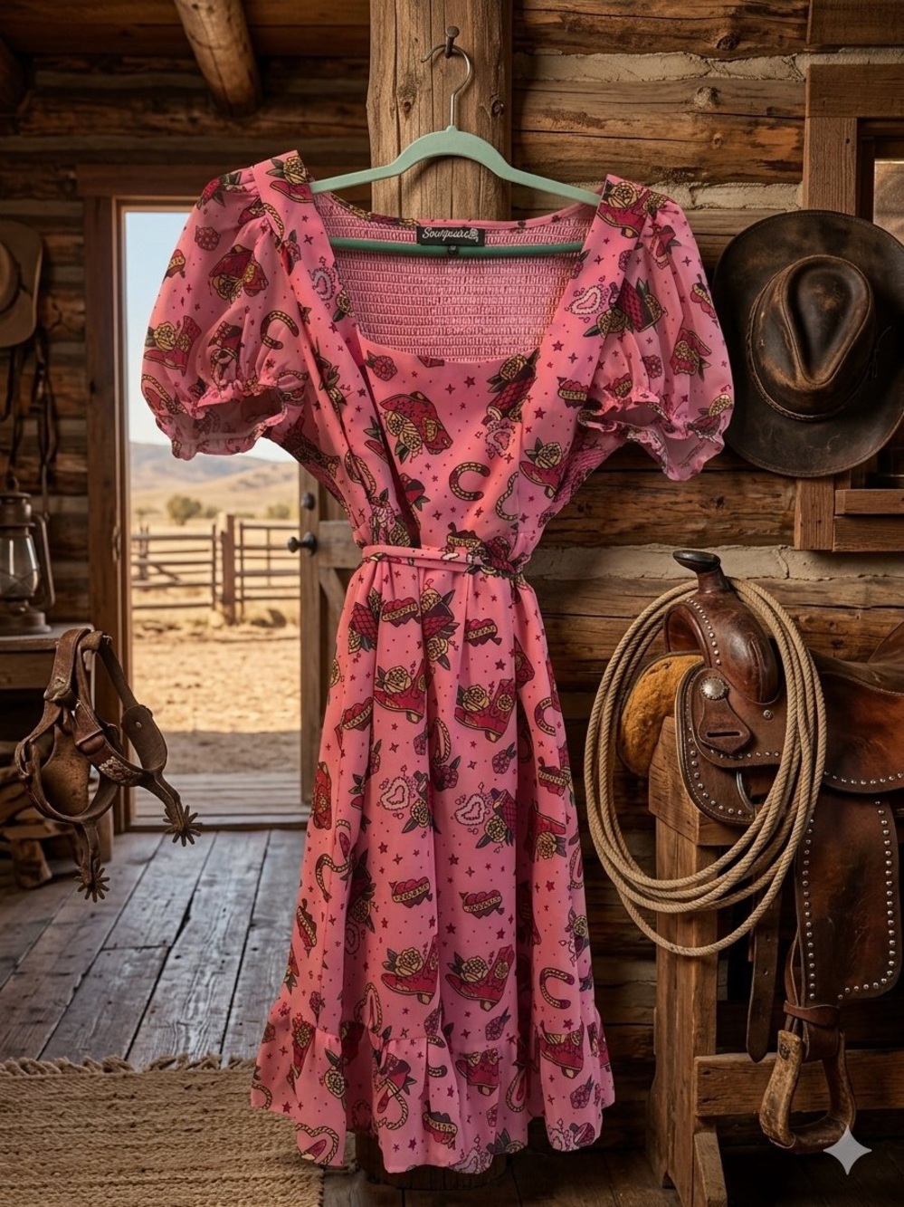Pink Cowgirl Print Midi Dress by Sourpuss Clothing (Discontinued)